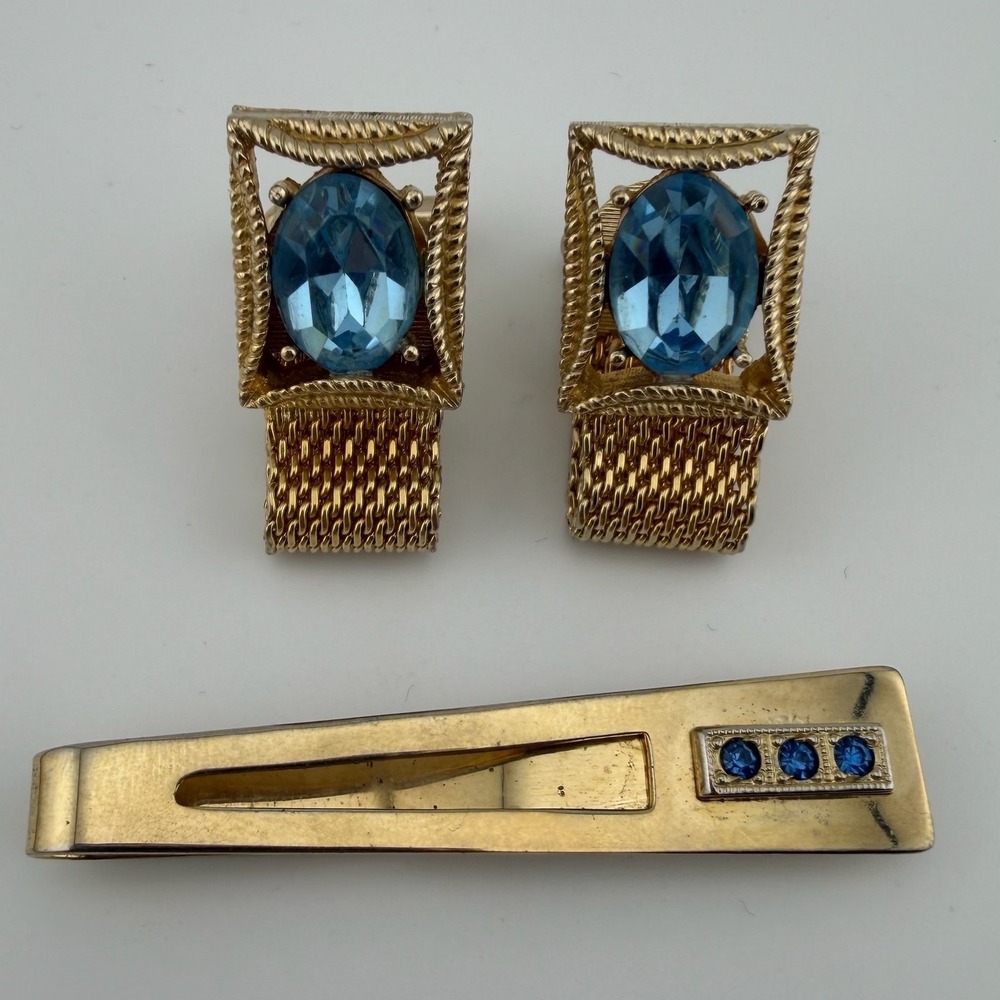Swank Mens Vintage Cufflink Tie Clip Set Gold Tone Mesh Light Blue Rhinestone